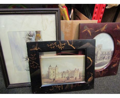 Two chinoiserie framed architectural pictures and a framed and glazed watercolour of winter scene