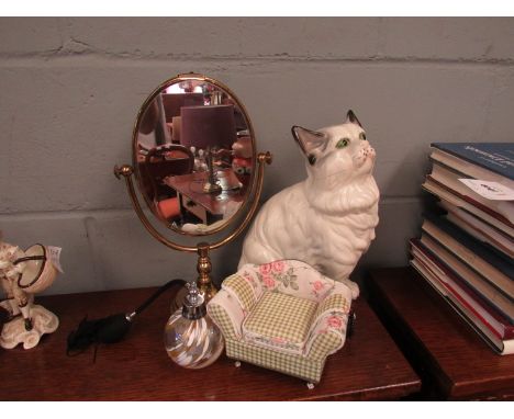 A ceramic cat, mirror, scent bottle and a chair jewellery box  (4)