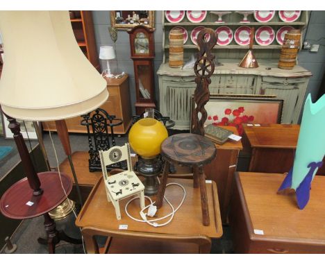 An oak spinning chair, oil lamp converted to electric and a minature chair  (3)