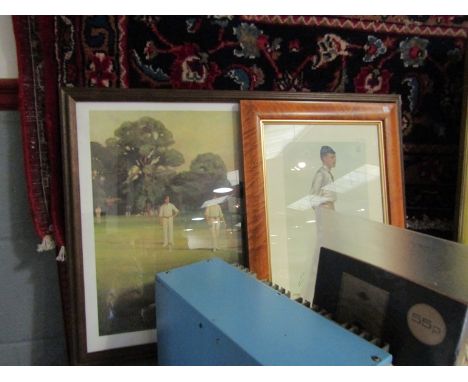 Two cricket themed prints: "Playing Out Time in an Awkward Light" by Frank Batson No. 27/700, 40cm x 59cm. "Vanity Fair - Ken