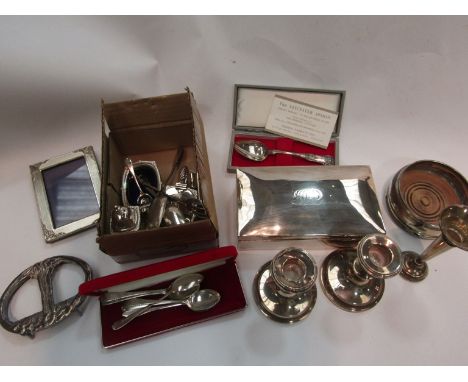 Mixed silver including a cigarette box, dwarf candlesticks, picture frames etc, and silver plated Kings pattern cutlery