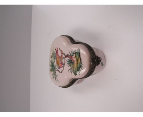 A trefoil trinket box, white ground with two birds on branch tree, signed with "R" to base (approx 6cm)   