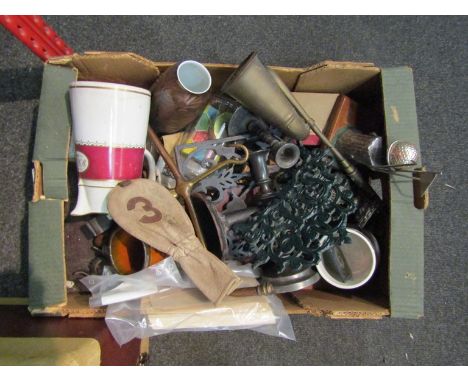 A mixed lot including brass hooter, golf trophy, cast iron cookbook stand, ceramic smokers' pipes, etc