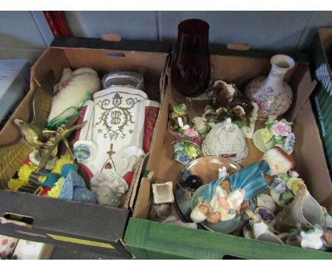 Three boxes containing a quantity of assorted items including ceramic figures, posies, large plaster religious figure, brass 
