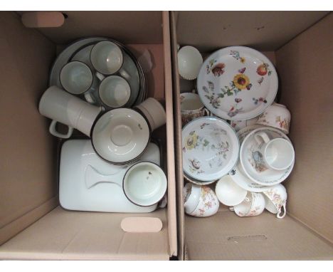 Two boxes of mixed ceramics including Denby dinner wares, Victoria teawares, Wedgwood Peter Rabbit and Worcester Skippety Tal