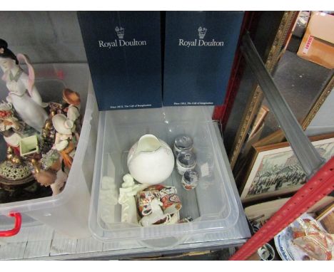 A box containing boxed Doulton figurines, Worcester figure, Worcester egg coddlers, Spode Imari coffee cans and saucers, etc 