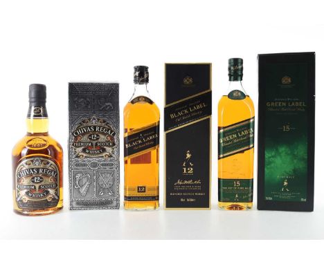 JOHNNIE WALKER 15 YEAR OLD GREEN LABEL 75CL, 12 YEAR OLD BLACK LABEL AND CHIVAS REGAL 12 YEAR OLD BLENDED WHISKY  Johnnie Wal