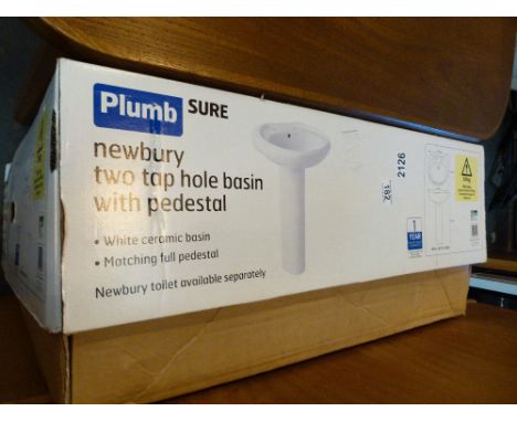 Boxed unused Plumb Newbury two tap hole basin with pedestal