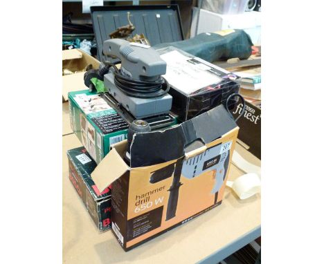 Collection of mixed tools including two soldering irons, hammer drill and jigsaw