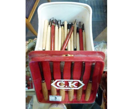 Box of chisels and wood turning tools