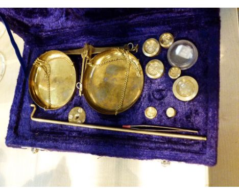 Cased brass jewellery  scales with weights