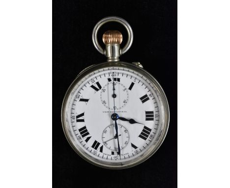 A West End Watch Co open face pocket watch, white dial, bold Roman numerals, twin subsidiary dials, outer minute track, blued