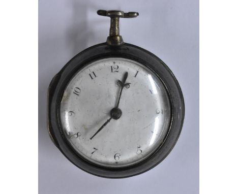 A George III silver pair cased pocket watch, J Camden, London, white enamel dial, Arabic numerals, minute track, ornate hands