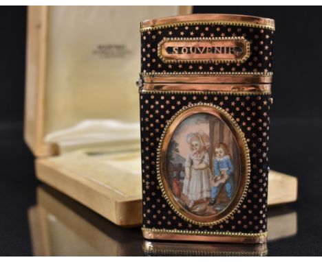 An early 18th century French tortoiseshell and gold visiting card case, oval painted panel of a young boy and girl with chick