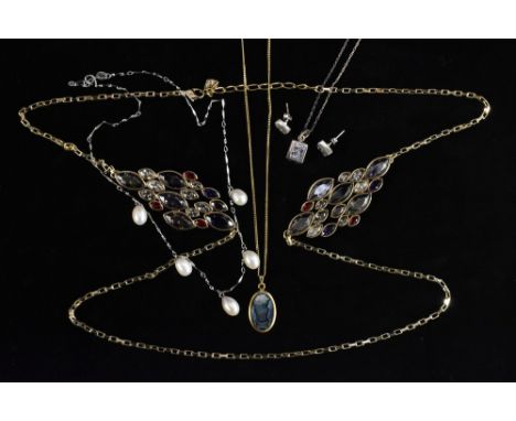 Jewellery - a silver and simulated pearl necklace, bracelet and earrings suite, stamped 925;  another three piece crystal pen