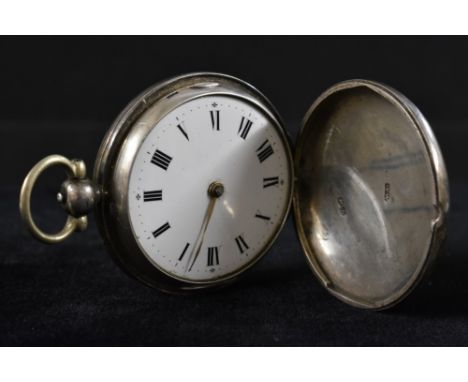 A George IV silver hunter cased pocket watch, white enamel dial, bold Roman numerals, minute track, single hour hand, verge f