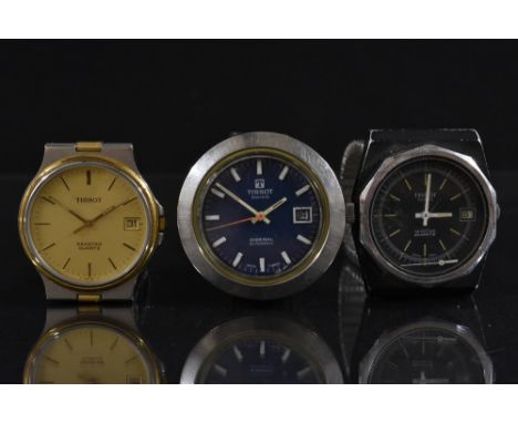 Tissot - a vintage 1970s Sideral automatic wristwatch, blue dial, white block batons, minute track, orange centre seconds, da