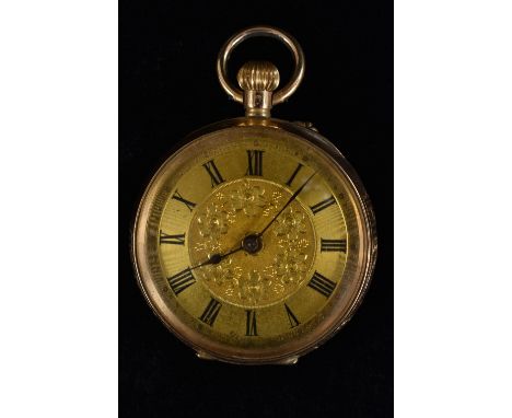 A continental lady's 14ct gold open face fob watch, ornate floral dial, Roman numerals, minute track, blued hands, button win