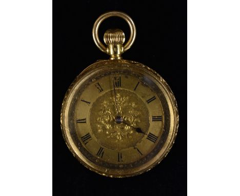 A J W Benson ladys 18ct gold open face fob watch, gilt floral dial, Roman numerals, minute tack, button wind movement, serial