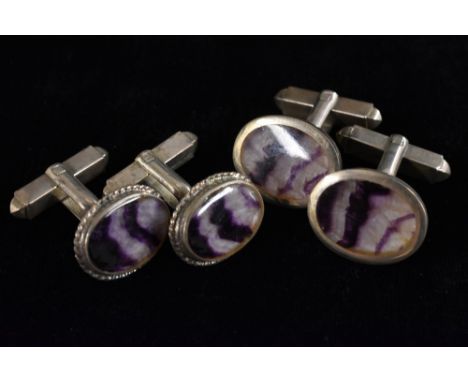 A pair of  Blue John fluorite silver mounted oval panel cufflink's, stamped ASD sil;  another similar pair rope twist frames,