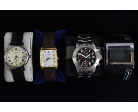 Watches - a Seconda XS 100102 quartz chronograph stainless steel bracelet wristwatch, black dials, luminous Arabic numerals, 