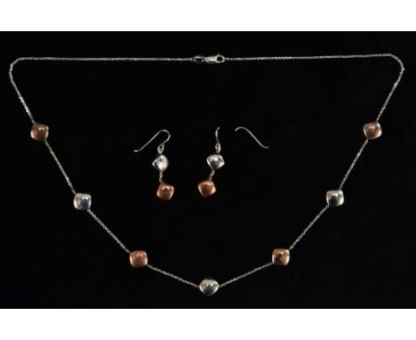 A 9ct rose and white gold seven panel fine link necklace and matching earrings, alternating colour rounded squares, fine link
