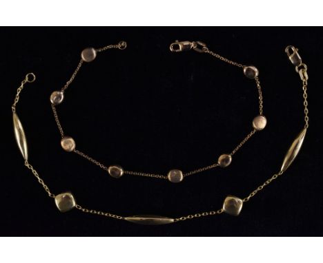 A 9ct gold eight panel fine link bracelet, alternating brushed and polished beans , fine link dividers, 18cm long;  another r