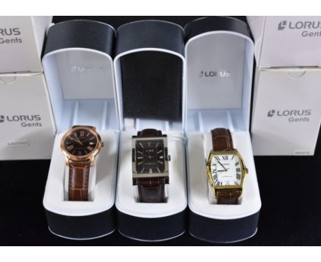 Watches - Lorus, a black stainless steel chronograph bracelet watch, black dial case and leather bracelet;  others assorted s