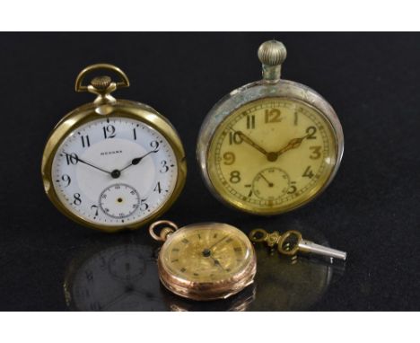 Watches - a lady's 9ct rose gold fob watch, gilt floral dial, Roman numerals, minute track, button wind movement, 9ct gold ca