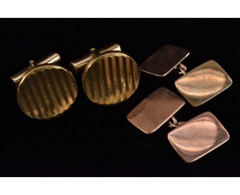 A pair of 9ct rose and yellow gold rectangular plain panel cufflinks, Birmingham 1930, 5,7g; another pair, oval ridged topped