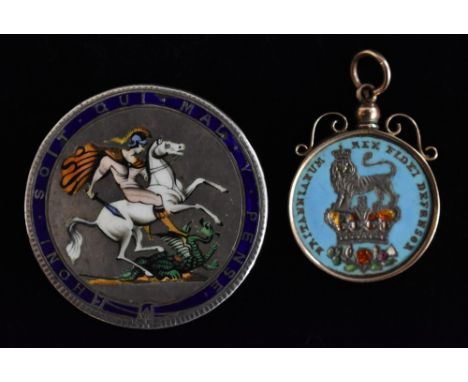 A George IV enamelled crown coin brooch, multi coloured principle panel, within Honi Soit Qui Mal Y Pense moto, soldered fitt