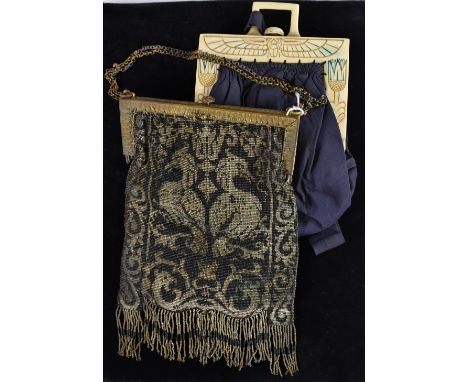 An Edwardian framed, fringed beaded purse, twin pheonix design, scrolling borders, chain handle, button catch; an Art Deco Eg