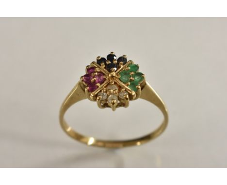 A diamond, ruby, sapphire and emerald cluster ring, crossed 9ct gold cluster, each section with four gem stones, 9ct gold sha