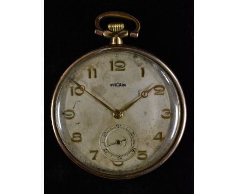 Vulcain - a Swiss gold plated open face pocket watch, textured dial, gilt Arabic numerals, minute track, subsidiary seconds, 