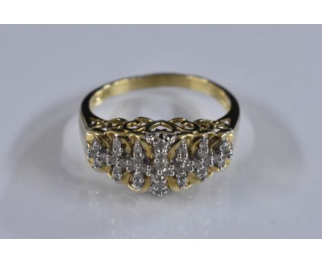An Art Deco diamond ring, stepped open heart platform set with thirty seven diamonds, total estimated diamond weight approx 0