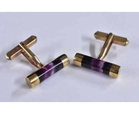 A pair of 9ct gold blue John fluorite cufflinks, tubular bar inset with veined blue John central panel, hinged pointed bar ba