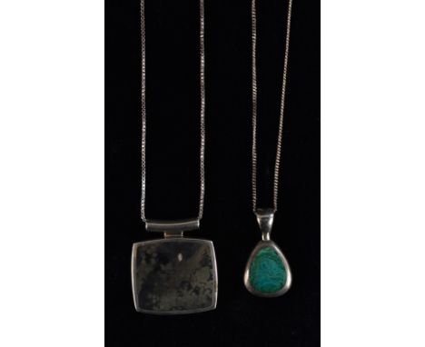 Orlap Studios - a pyrite and silver panel pendant necklace, rounded rectangular pendant with silver mounts, Sheffield 2007, s