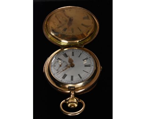 A Swiss 14ct gold cased quarter repeating full hunter pocket watch,  white dial, bold Roman numerals, minute track, subsidiar