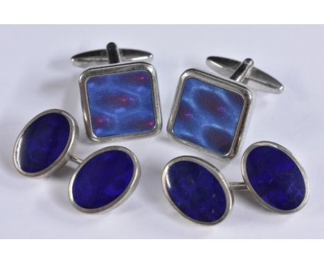 Orlap - a pair of lapis lazuli and silver oval panel cufflink's, stamped OL 925, boxed;  another pair holographic silver plat
