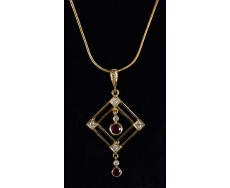 A diamond and ruby pendant necklace, double square body suspending two diamond and ruby droplets, corner diamond set 9ct gold