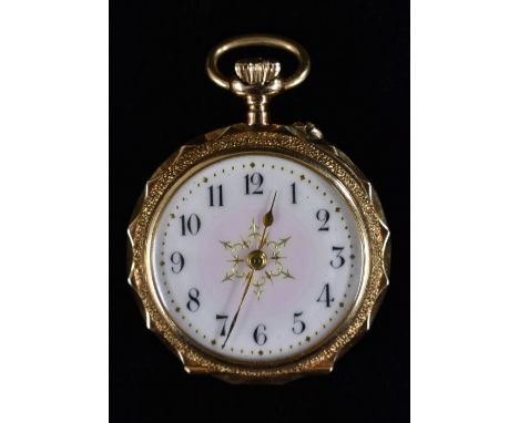 An enamelled lady open face fob watch, pink and white dial, Arabic numerals, minute track, button wind movement,  guilloche e