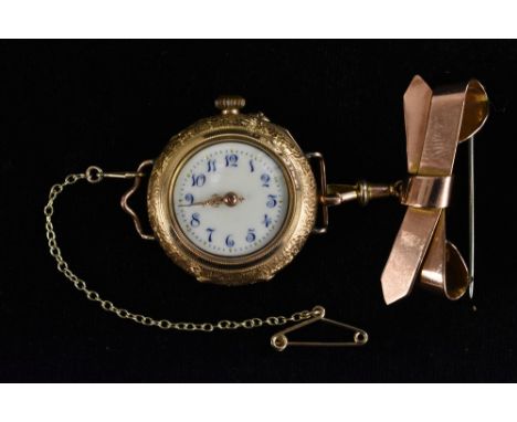 A late 19th century lady's gold pendent/wristwatch with tied ribbon bar brooch, cream dial, Arabic numerals, minute track, or