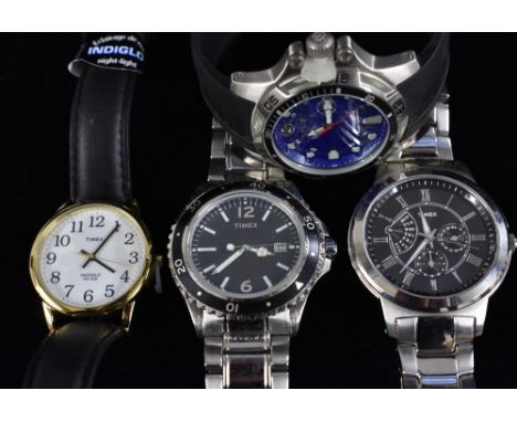 Watches - Timex,  a T2M424 stainless steel bracelet watch, black dial, Roman numerals, day register, twin subsidiary dials, q