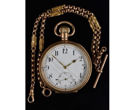 A Dennison Moon gold plated open face pocket watch, white dial, Arabic numerals, minute track, subsidiary seconds, gold colou