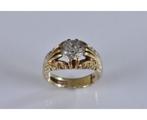 A gentleman's diamond solitaire ring, round old brilliant cut diamond approx 1.65ct, scrolling crest, 9ct gold shank, size N,