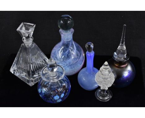 Glass scent bottles to include Caithness, iridescent art glass, millifiori style etc (6)