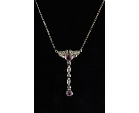 An Art Deco style pink and white sapphire pendant necklace, winged central drop of two pink and nineteen white sapphire, whit