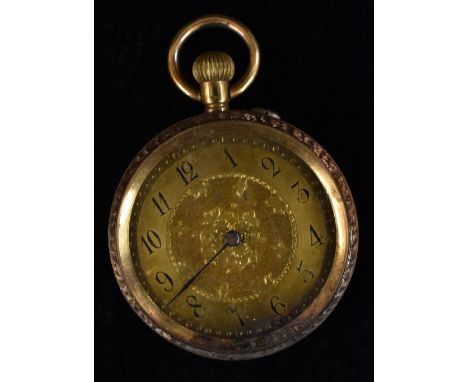 A continental 18ct gold open face fob watch, engraved floral dial, Arabic numerals, minute track, blued hands, button wind mo
