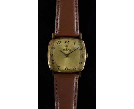 Tudor Rolex - a gentleman's vintage 9ct gold cased wristwatch, TV champagne dial, Arabic numerals, minute track,  black hands