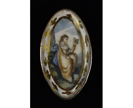 A Georgian oval brooch, inset with a painted miniature panel landscape with seated lady and dove in hand, unmarked rose colou